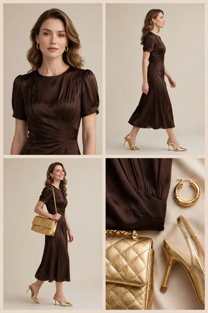 Woman wearing dark brown dress with gold earrings, gold heels and gold bag
