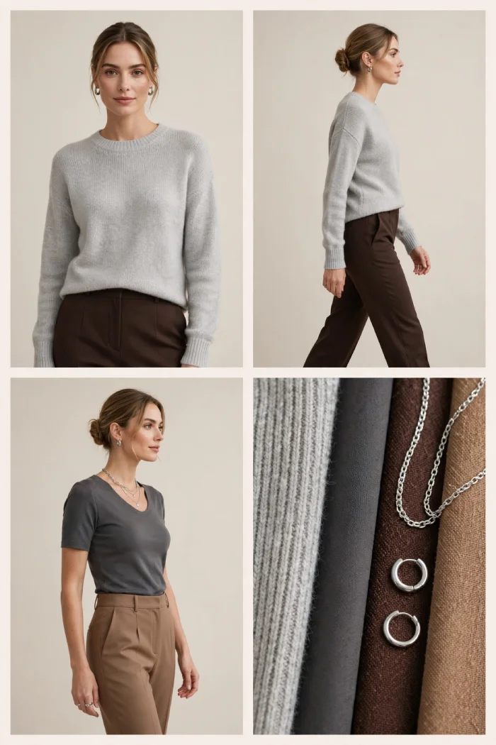 Woman styling light gray sweater with dark brown pants and charcoal top with camel pants