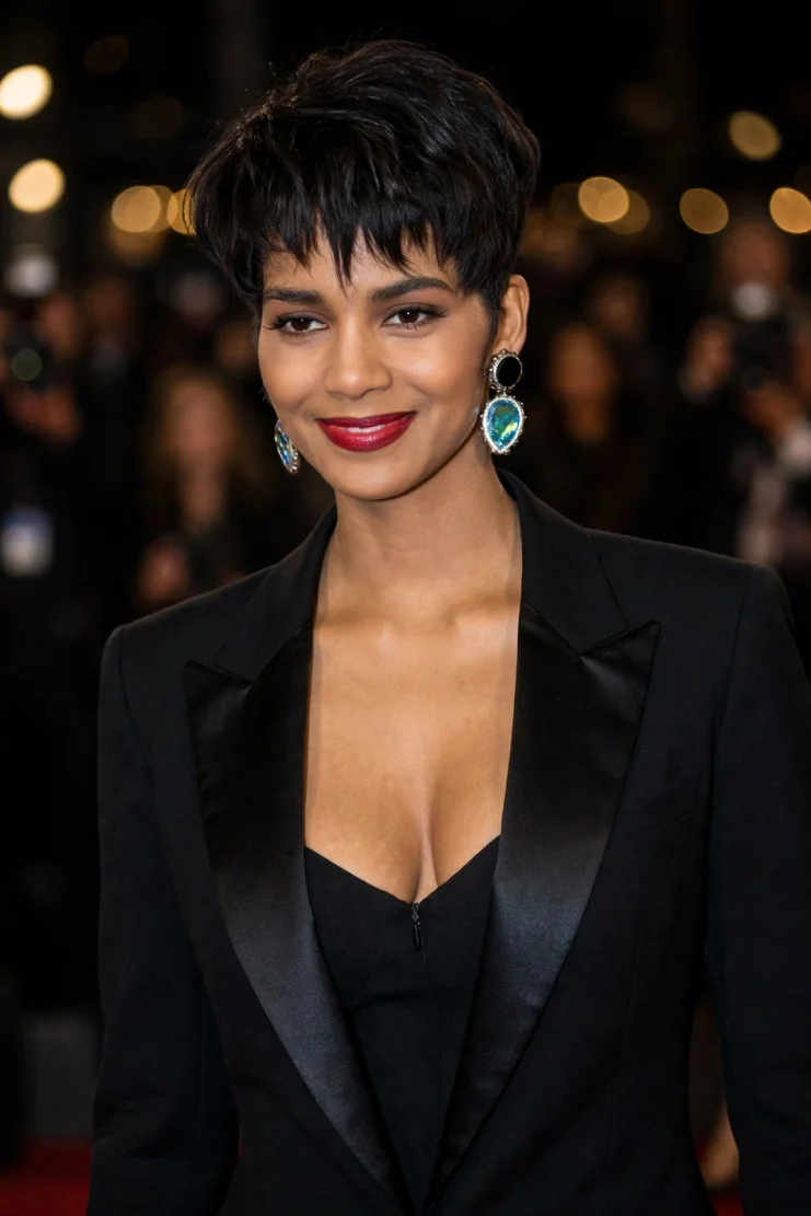 Halle Berry rocking iconic curly pixie cut in glamorous look