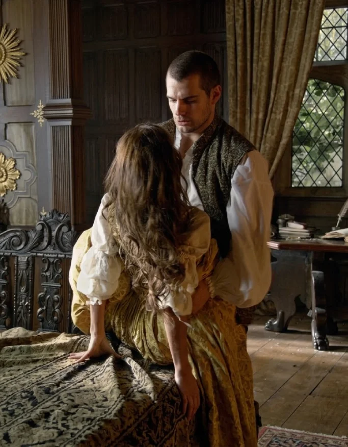 Henry Cavill in The Tudors where he experienced an involuntary physical reaction during an intimate scene
