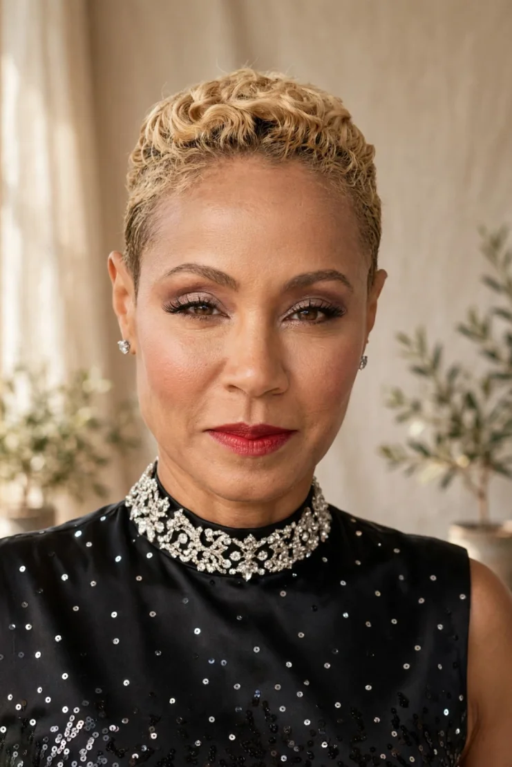 Jada Pinkett Smith blonde curly crop pixie in black satin dress