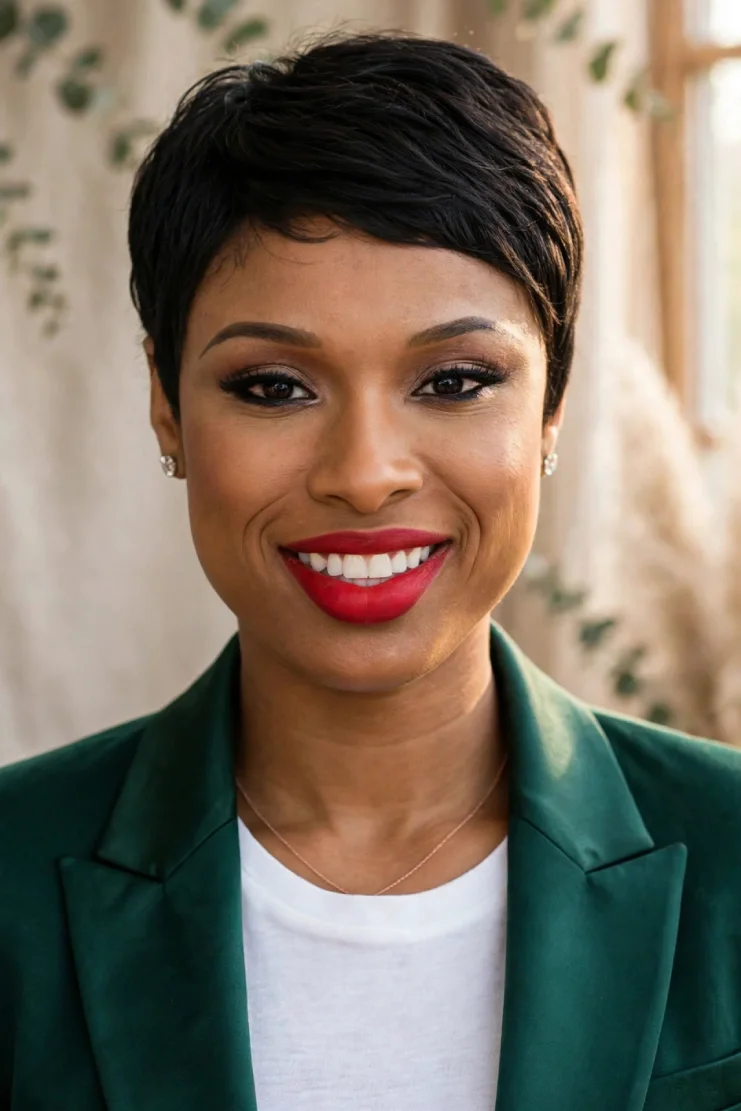 Jennifer Hudson classic piecey pixie in emerald blazer