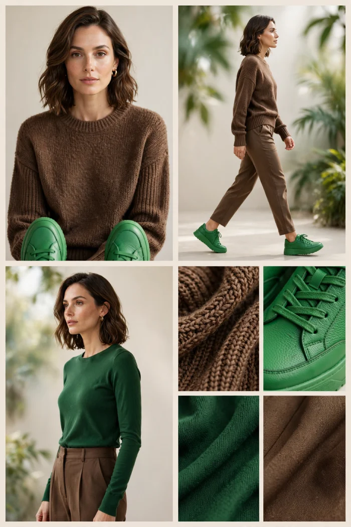 Woman wearing brown sweater with kelly green shoes and forest green top with brown trousers