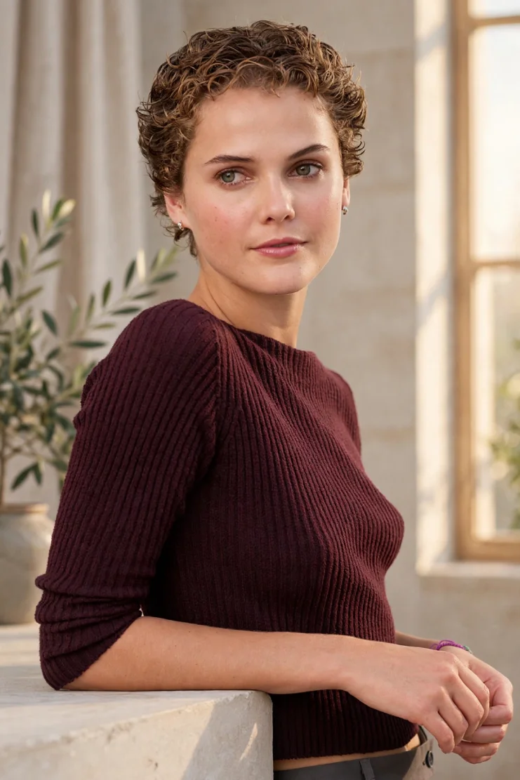 Keri Russell curly chop pixie in burgundy sweater