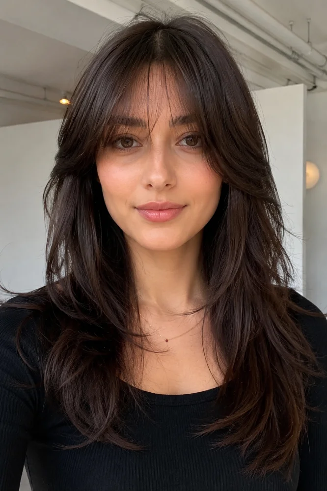 Woman with layered bangs featuring soft, blended fringe and face-framing layers.