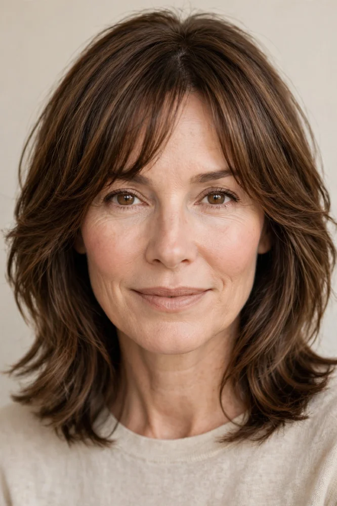 Modern layered shag with curtain bangs and crown volume on thick hair