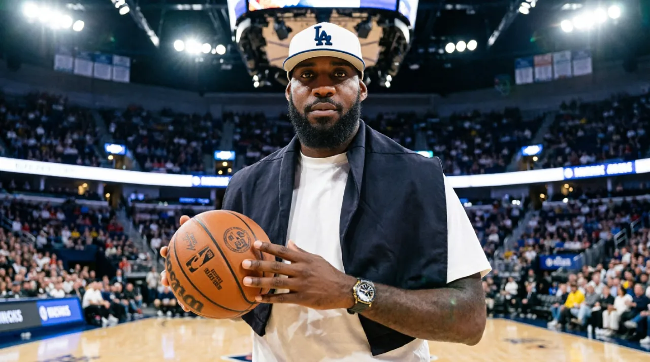 LeBron James holding a basketball in front of his business brand logos.