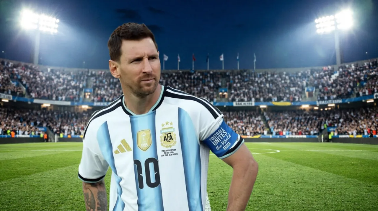 Lionel Messi in Inter Miami kit with Apple and Adidas branding in the background.