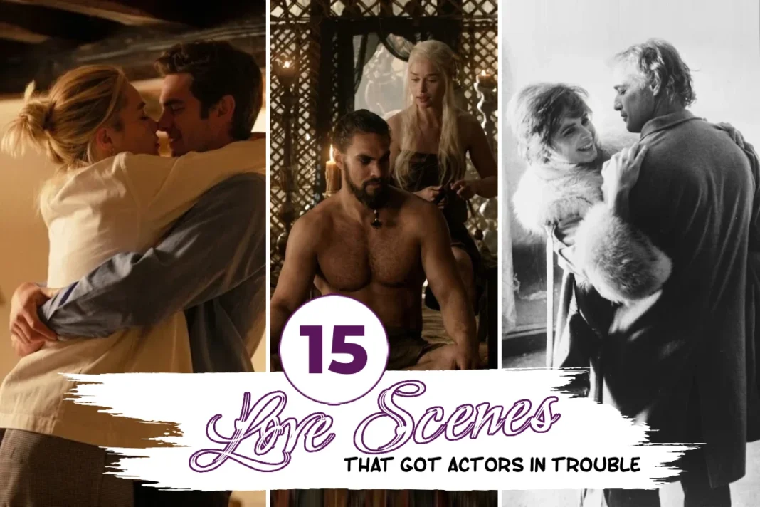 15 Love and Intimacy Scenes That Came With Real-Life Consequences Three-panel collage of love and intimacy scenes that led to real-life consequences for actors