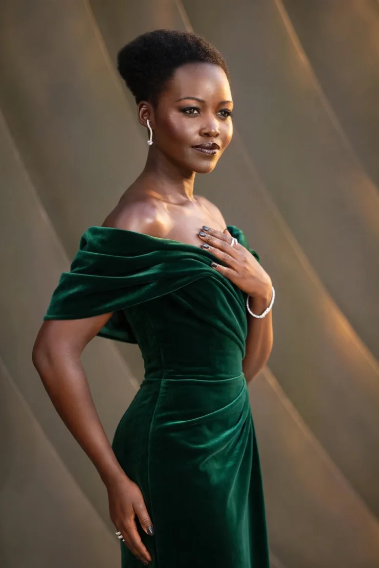 Lupita Nyong'o in emerald velvet gown with natural sculpted curly pixie cut