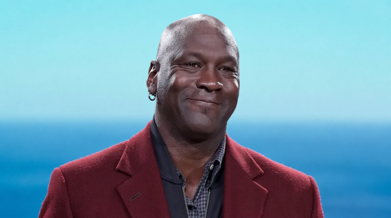 Michael Jordan in a suit in front of a large Jumpman logo, representing his brand empire.