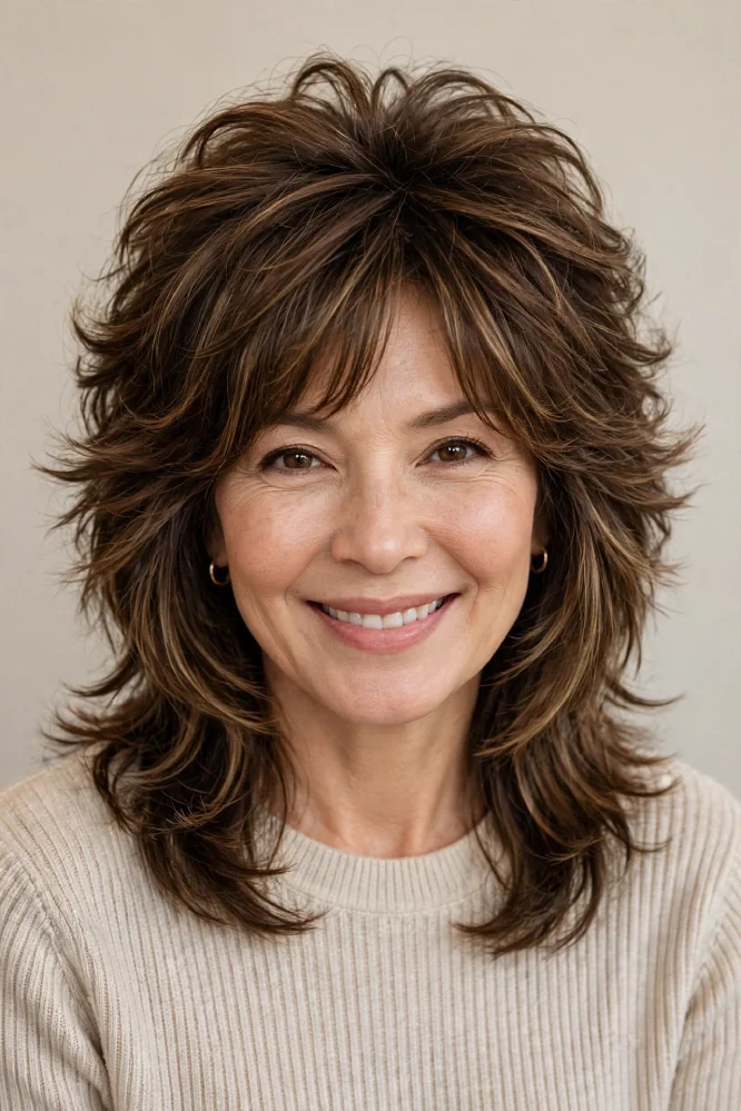 Woman in her 40s with modern layered shag haircut, curtain bangs and volume at crown