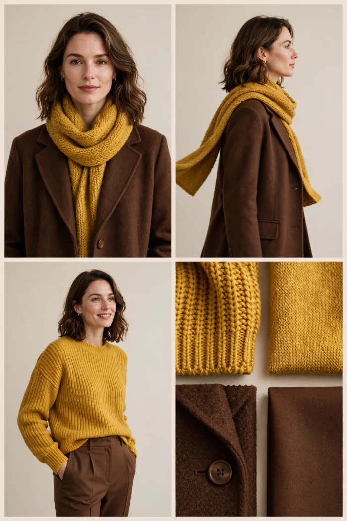 Woman wearing mustard scarf with chocolate brown coat and mustard sweater with brown trousers