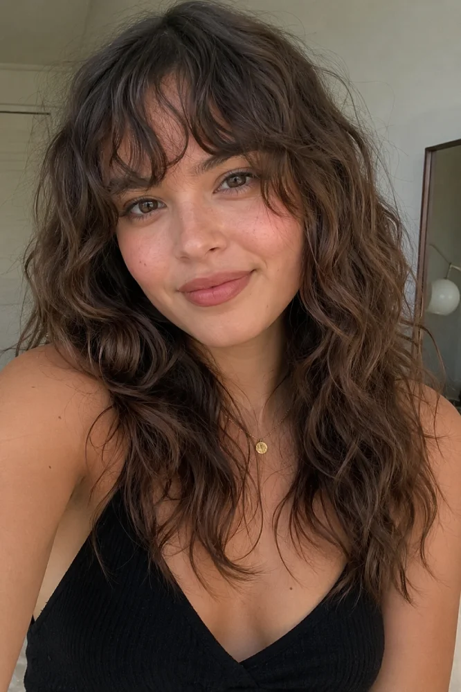 Young woman with long natural wavy hair, soft makeup, and realistic skin texture.