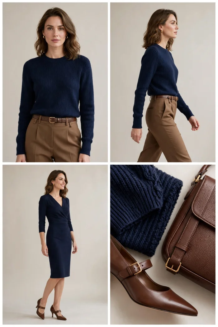 Woman wearing navy sweater with brown trousers and navy dress with brown heels
