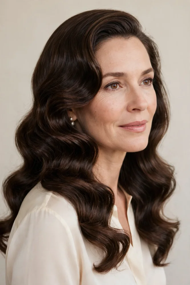 Woman with deep side-parted Old Hollywood siren waves, polished classic glamour