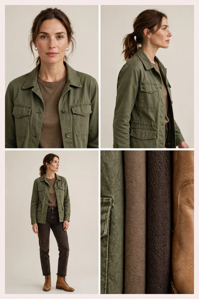 Woman wearing olive utility jacket over brown t-shirt with dark brown jeans and tan boots