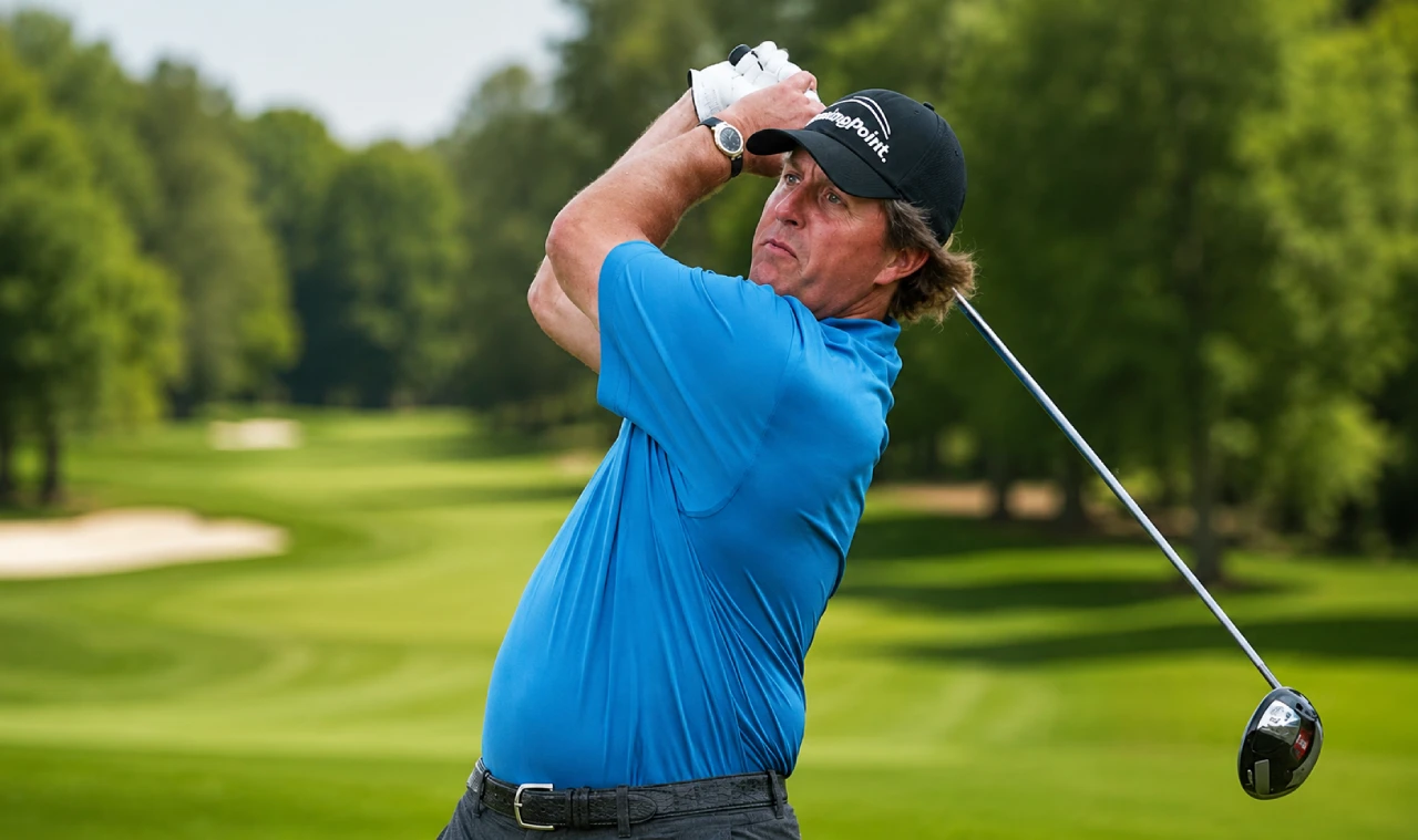 Phil Mickelson playing on a LIV Golf course with a guaranteed contract graphic behind him.