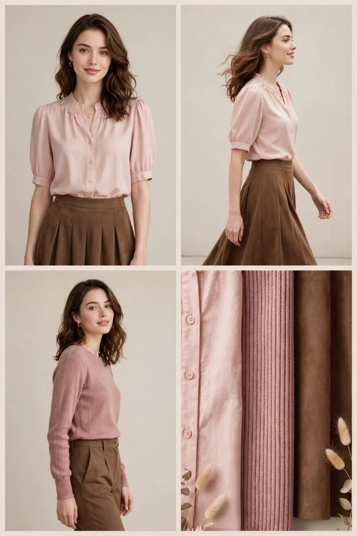 Woman wearing blush pink blouse with brown midi skirt and dusty rose sweater with brown trousers