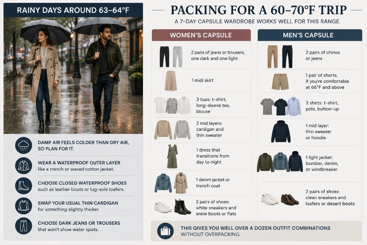 Rainy day outfit ideas and 7-day capsule wardrobe for 60–70°F weather.