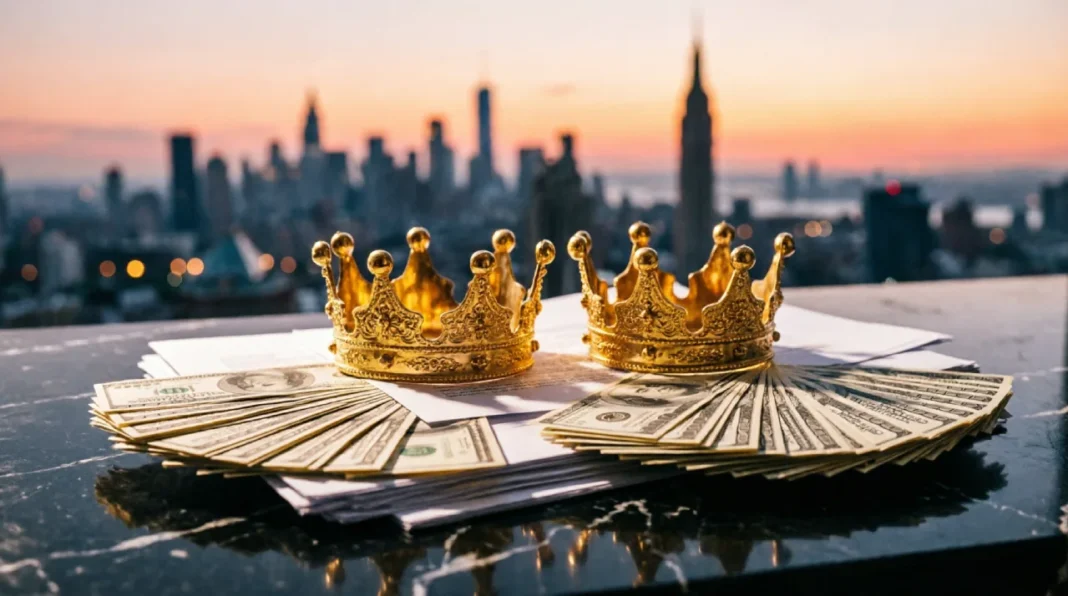 Richest Celebrity Power Couples Two ornate gold crowns placed on stacks of US dollar bills on a glossy marble surface, with a blurred city skyline at sunset in the background, symbolizing wealth, success, and luxury.