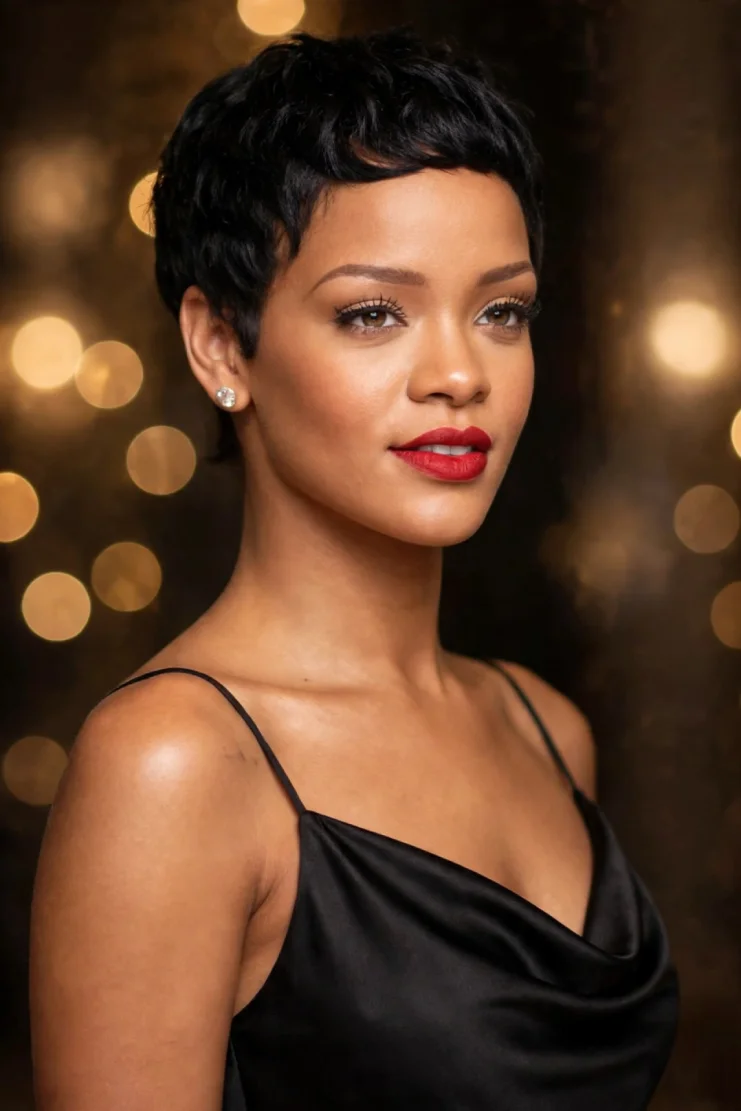 Rihanna rocking curly pixie cut in black satin dress