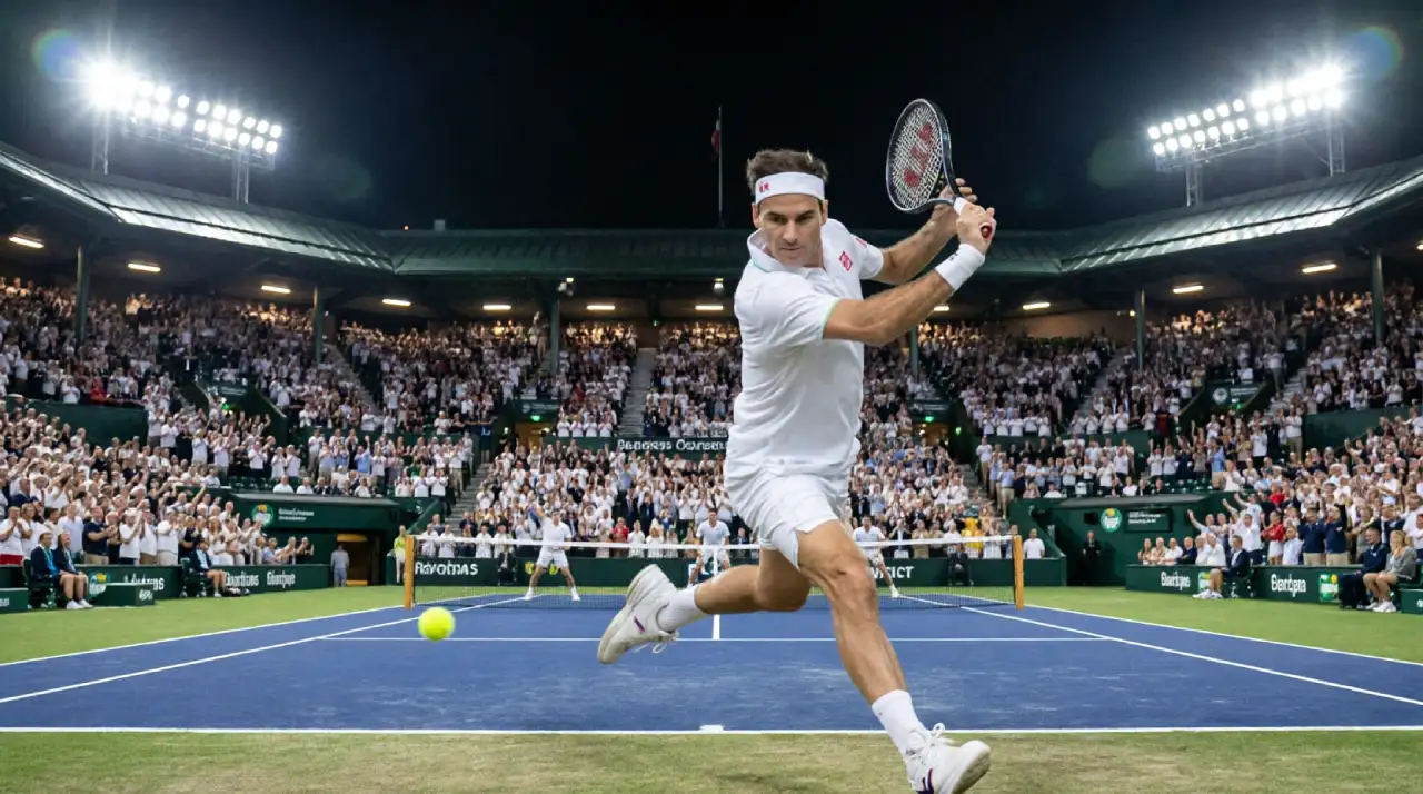 Roger Federer in Uniqlo apparel, wearing a Rolex and On shoes at Wimbledon.