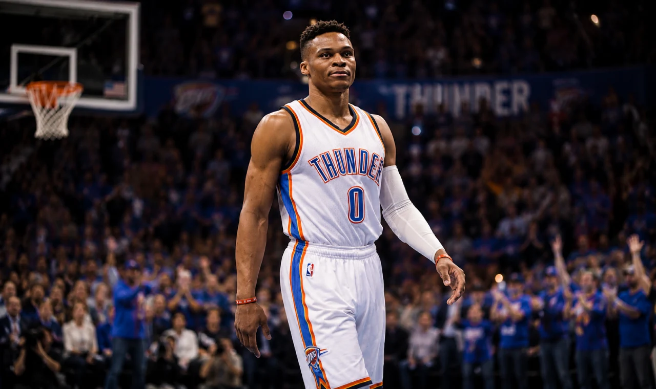 Russell Westbrook in stylish fashion with Jordan Brand sneakers and a basketball.