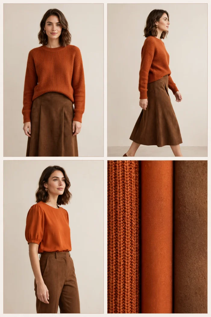 Woman wearing rust sweater with brown midi skirt and burnt orange top with brown trousers