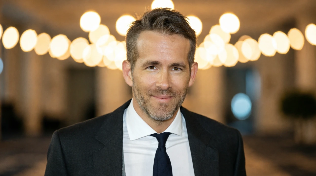 Ryan Reynolds in a modern corporate office.