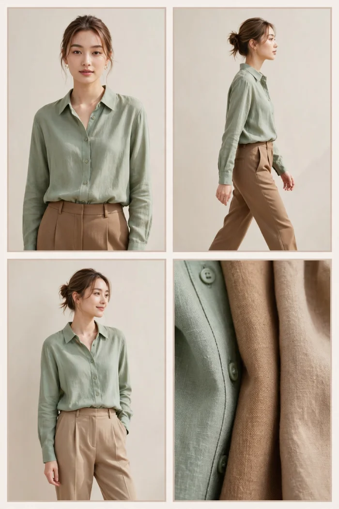 Woman wearing sage green blouse with camel brown trousers in spring outfit
