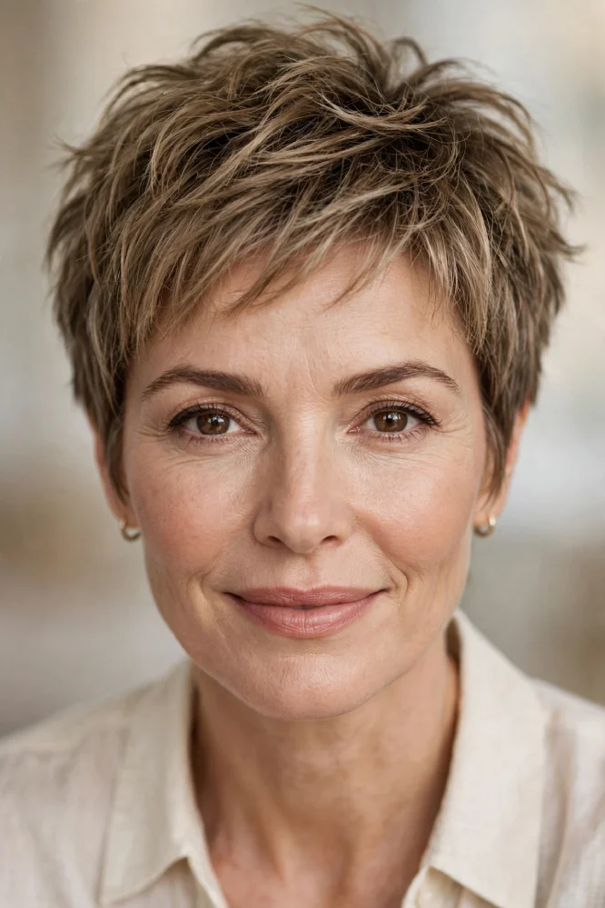 Woman with soft textured pixie cut featuring choppy layers and tousled volume at crown