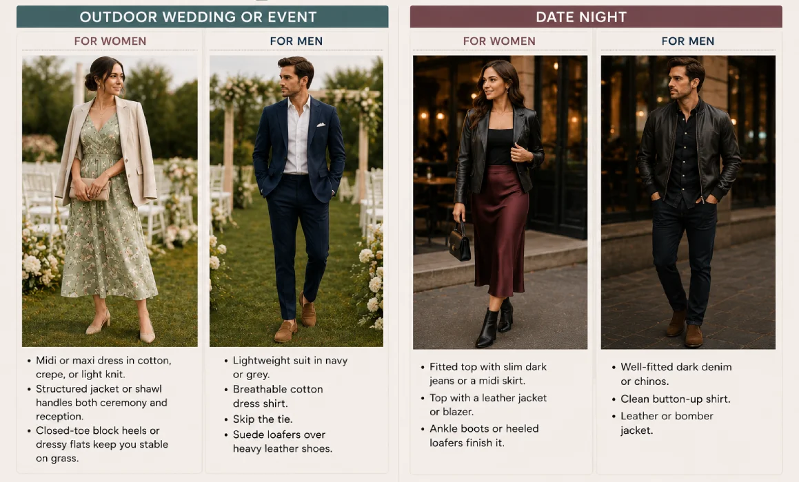 Special occasion outfit ideas for women and men in mild 60–70° weather.