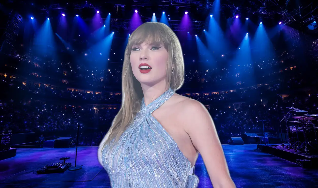 Vinyl record and stage spotlight illustration representing Taylor Swift's music catalog and touring wealth