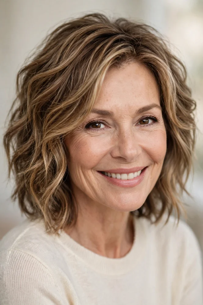Smiling woman with textured lob between collarbone and shoulders, soft tousled waves and blonde highlights
