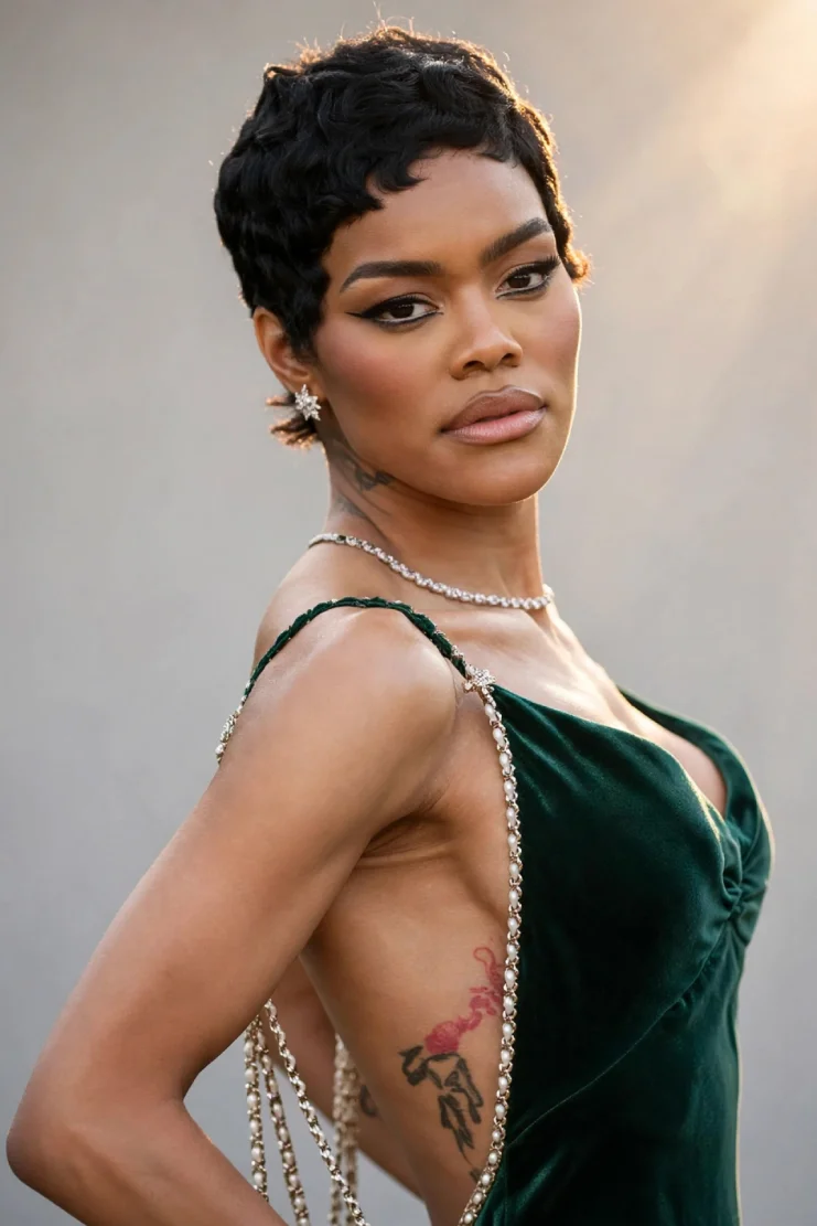 Teyana Taylor sculpted curly pixie in emerald velvet dress