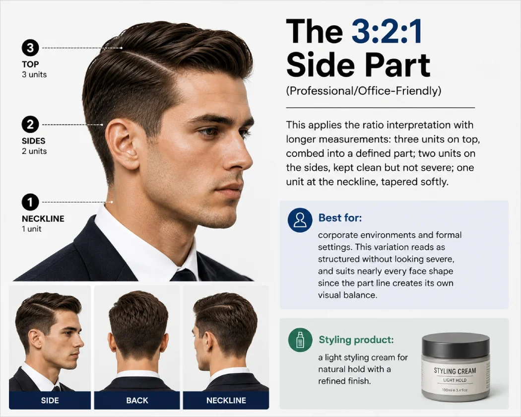3:2:1 side part haircut with a defined part, clean sides, and a softly tapered neckline.