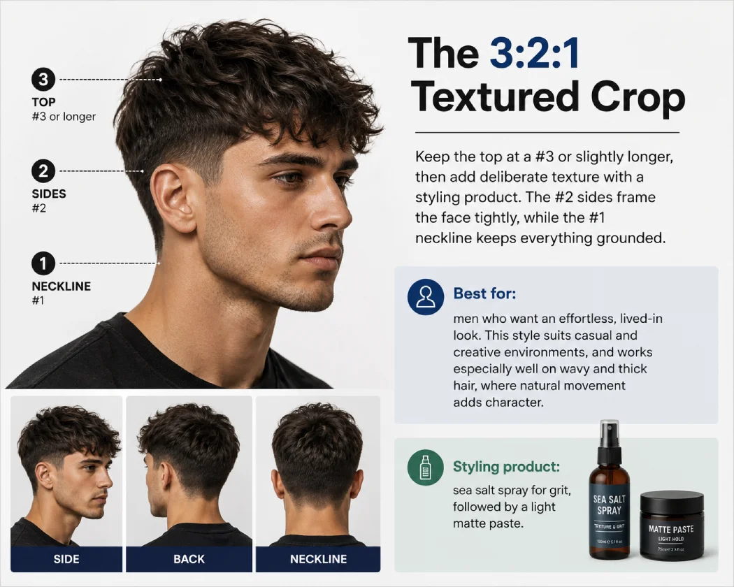 3:2:1 textured crop haircut showing #3 textured top, #2 faded sides, and #1 neckline.
