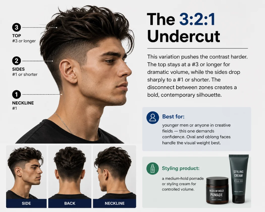 3:2:1 undercut haircut with a longer top, short faded sides, and a clean #1 neckline.