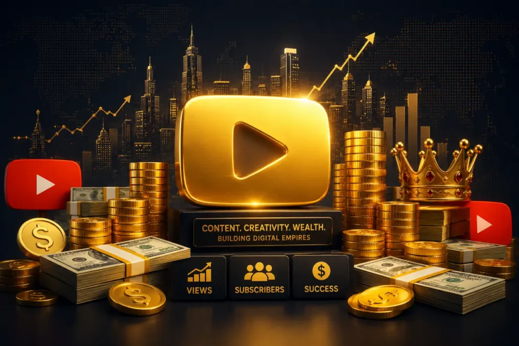 Top 10 Richest YouTubers 2026 – Net Worth Rankings Golden play button with stacked coins symbolizing top richest YouTubers net worth in 2026
