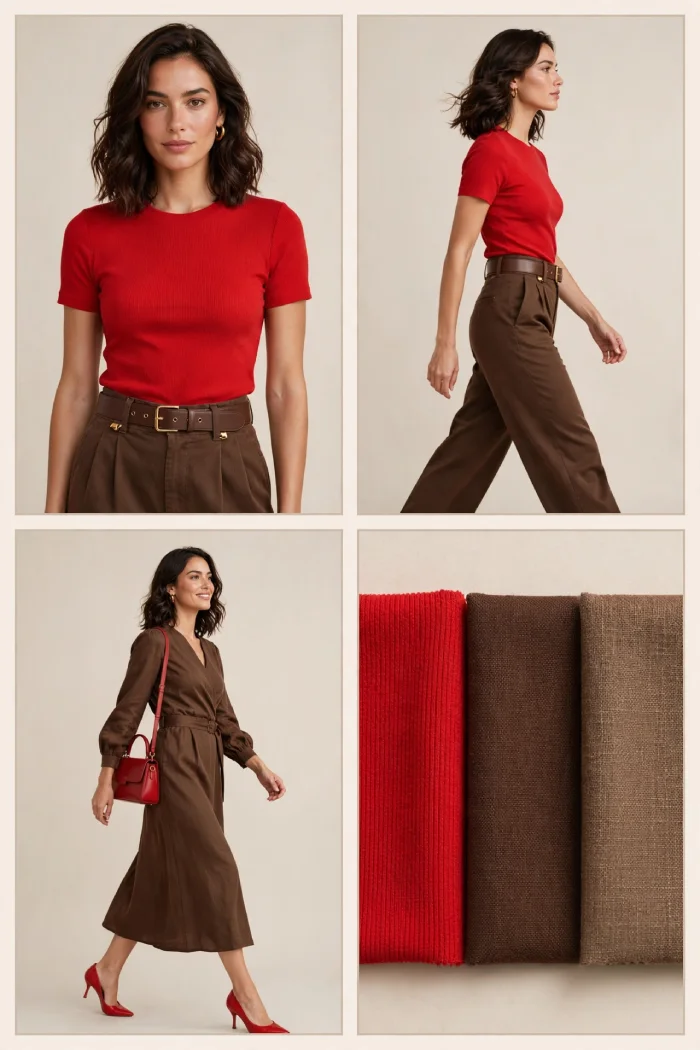 Woman wearing true red top with brown trousers and brown dress with red heels and bag