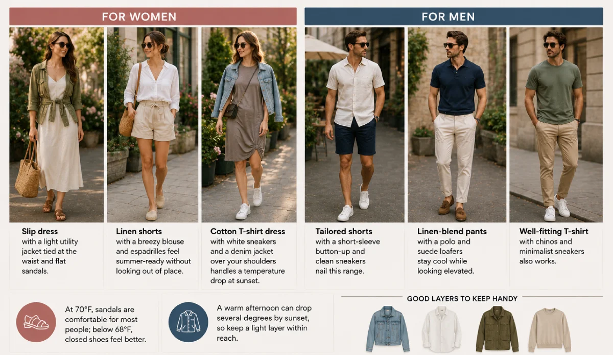 Outfit ideas for women and men in 68–70°F weather with lightweight layers.