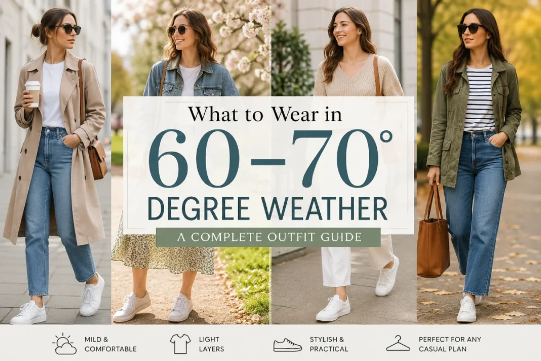 What to Wear in 60–70° Degree Weather Outfit Guide Women wearing stylish layered outfits for 60–70° degree weather.