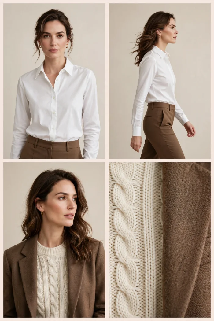 Woman wearing white shirt with brown trousers and cream sweater with brown blazer in 4 different angles