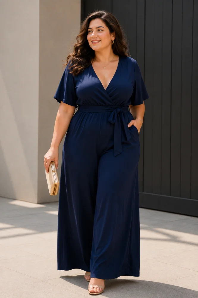 Curvy woman wearing a navy wide-leg palazzo jumpsuit with a defined waist and V-neckline.