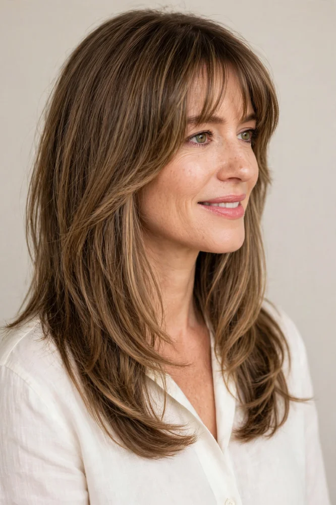 Woman with wispy Birkin bangs in 3/4 side pose, feathered thin bangs