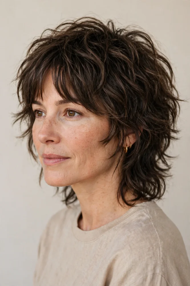 Woman with wolf cut and curtain bangs, choppy layers and crown volume