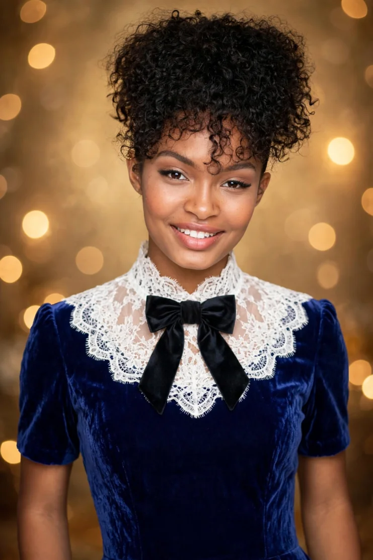 Yara Shahidi curly pixie puff in royal blue velvet dress