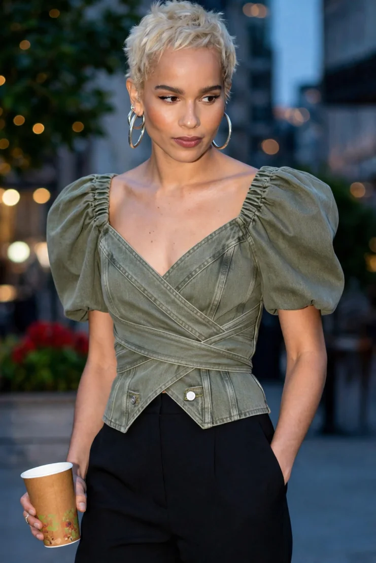 Zoë Kravitz rocking her platinum blonde curly pixie cut in a chic sage green outfit