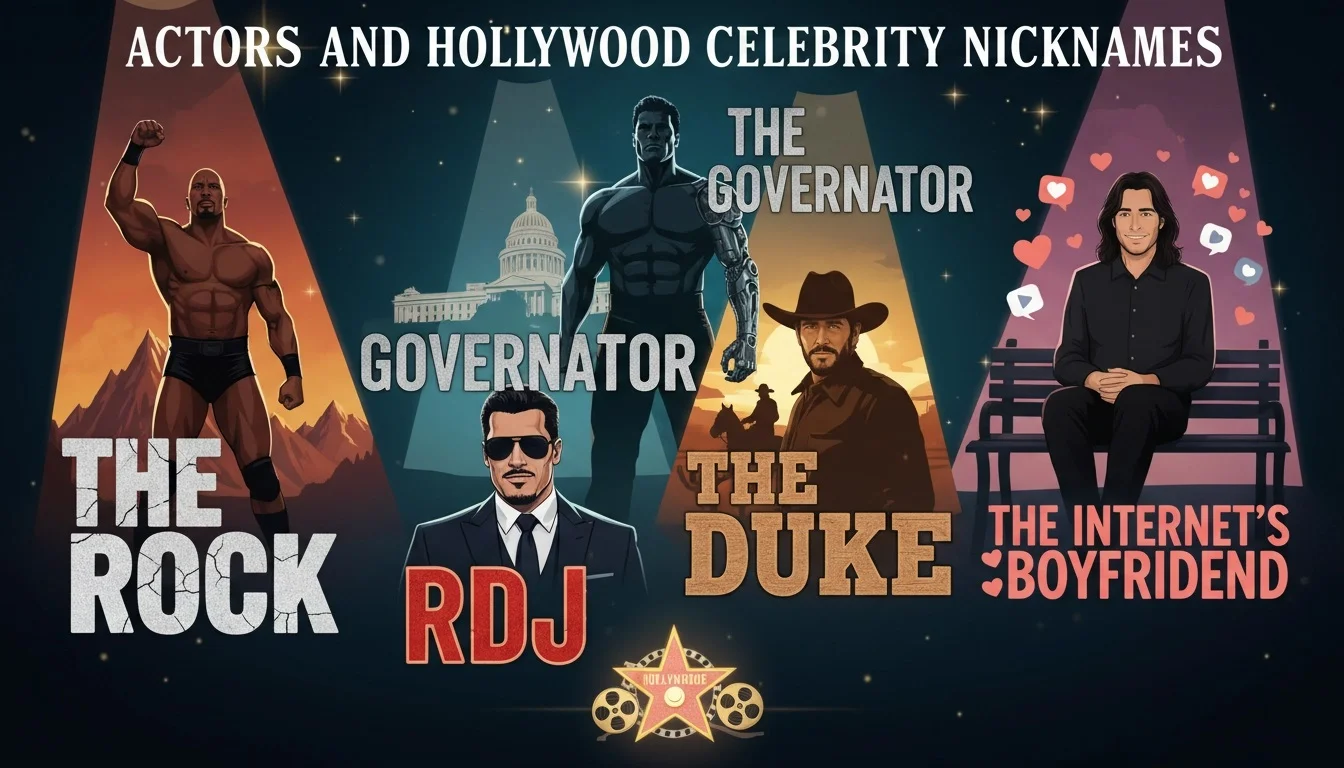 Hollywood celebrity nicknames collage featuring The Rock, The Governator, The Duke, RDJ, and The Internet's Boyfriend with iconic Hollywood actors and their famous nicknames
